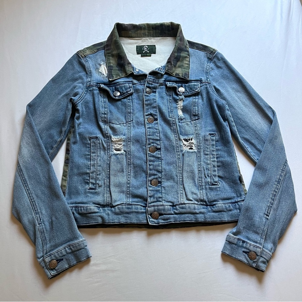 ROYAL BONES blue‎ distressed denim jean camo print long sleeve jacket